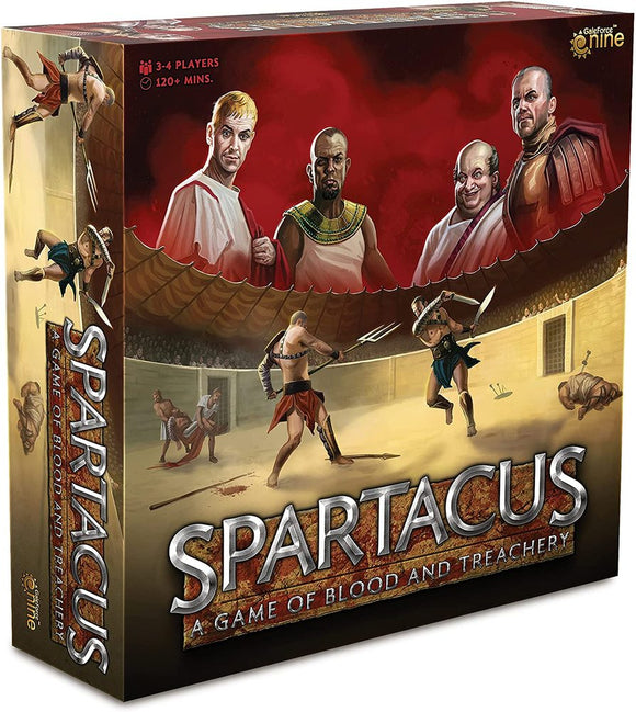 The box of 'Spartacus: A Game of Blood and Treachery' by Gale Force Nine. The game accommodates 3-4 players and offers thrilling gladiatorial battles set in ancient Rome. The artwork features characters involved in intense combat scenes, showcasing a backdrop of a gladiatorial arena. The title is prominently displayed on the front of the box.