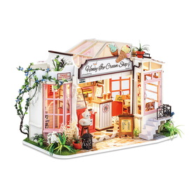 A detailed Honey Ice Cream Shop model kit from Robotime, featuring a charming storefront with pink windows, a sign, and decorative plants. It includes an interior scene with a counter, ice cream decorations, and a small bear statue, showcasing an inviting and whimsical atmosphere for creative DIY enthusiasts.