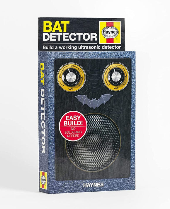 Bat Detector Kit by Haynes Electronic Kits. The kit allows users to build a working ultrasonic detector to listen to bat sounds. It features volume and frequency knobs on a sleek, dark background with a bat graphic, and a prominent 'Easy Build! No Soldering Needed' sticker.