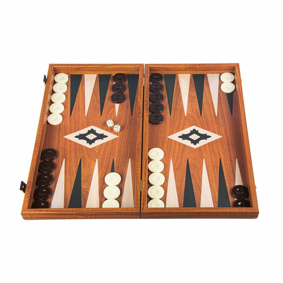 Backgammon game set featuring a 19-inch mahogany board with a classic design. The board is opened and displays contrasting dark and light checkers, alongside two white dice. Perfect for family game nights and gatherings.