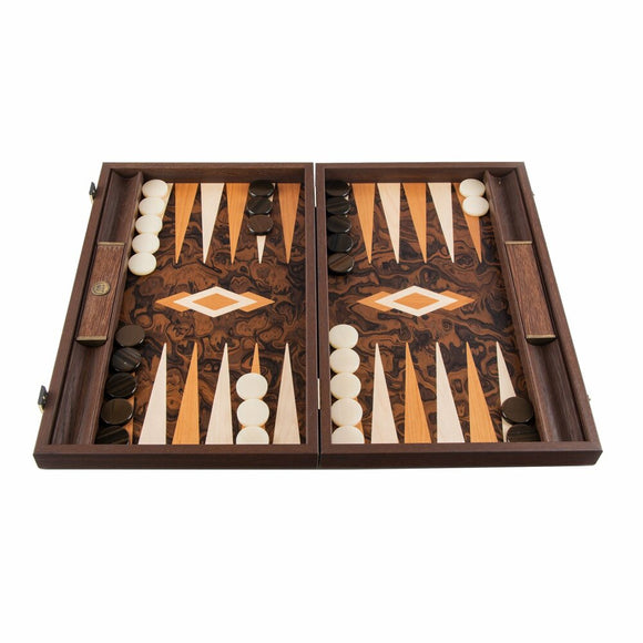 A beautifully crafted 19-inch Backgammon board in California Burl finish, featuring a mix of dark and light game pieces arranged on the board's intricate design. The board is designed for two players with a classic, elegant look, perfect for both casual and serious gaming enthusiasts.