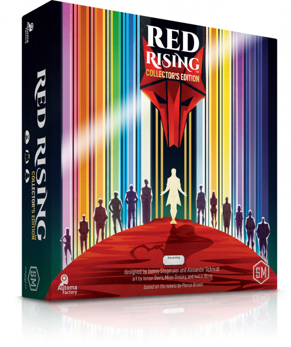Red Rising Collector's Edition board game box featuring vibrant stripes and a prominent red emblem. The design includes stylized characters and an engaging game setting, perfect for fans of strategy and adventure.