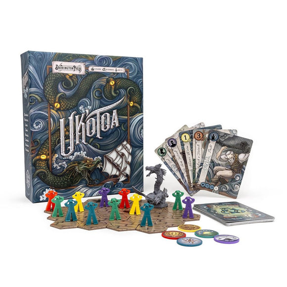 Uk'otoa board game by Darrington Press LLC featuring a beautifully illustrated box, colorful player pieces, a dragon figure, and game cards. The game includes hexagonal tiles and tokens, set against a backdrop of swirling waves and mythical sea creatures.