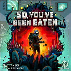 Board game 'So, You've Been Eaten' by LUDICREATIONS featuring an astronaut character inside a vibrant, intricate creature's mouth. The artwork displays a sci-fi theme with colorful graphic elements, making it enticing for players.