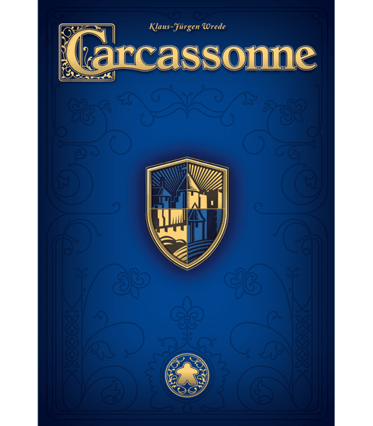 Carcassonne 20th Anniversary board game by Z-Man, featuring an elegant blue cover with intricate designs and a central shield showcasing a medieval landscape. This popular tile-placement game invites players to build cities, roads, and fields in a picturesque landscape inspired by the French countryside.