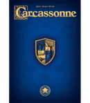 Carcassonne 20th Anniversary board game by Z-Man, featuring an elegant blue cover with intricate designs and a central shield showcasing a medieval landscape. This popular tile-placement game invites players to build cities, roads, and fields in a picturesque landscape inspired by the French countryside.