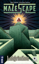 Mazescape: Labýrinthos game box by Devir Games. The design features a stylized maze structure with a central pyramid surrounded by rays of light, conveying mystery and adventure. The title 'Mazescape' is prominently displayed at the top, showcasing the game's engaging theme of labyrinth exploration.