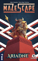 Mazescape: Ariadne is an engaging board game featuring a muscular mythological character holding a spear, set against a vibrant geometric background. The game's title is prominently displayed at the top, while the character stands triumphantly on a pedestal that features Greek-inspired design elements. Perfect for strategy enthusiasts, this game invites players to navigate intricate mazes and solve puzzles for an exciting adventure.