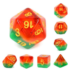 A vibrant Watermelon RPG Dice Set by Foam Brain Games featuring a variety of multi-sided dice in a colorful watermelon design. The dice display bright red and green colors with golden numerals, ideal for tabletop gaming. Multiple angles showcase different dice types, enhancing the visual appeal of this unique set.