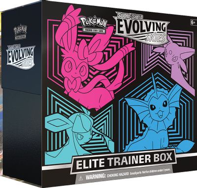 The Pokémon Sword and Shield Evolving Skies Elite Trainer Box features vibrant artwork of various Eevee evolutions, including Sylveon, Vaporeon, and Glaceon. The box is designed with a colorful geometric pattern, showcasing the distinct art style of the Pokémon Trading Card Game. This box is perfect for trainers looking to enhance their card collection with exciting new cards from the Evolving Skies expansion.