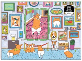 A whimsical jigsaw puzzle titled 'Museum of the Corgi' featuring a vibrant illustration of corgis in an art gallery setting. The display includes various framed artworks of corgis and playful elements like a sign reading 'CORG!' and an image saying 'FETCH'. The scene is colorful and engaging, suited for dog lovers and puzzle enthusiasts alike.