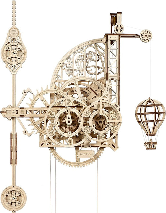UGears 3D Aero Clock DIY kit features intricately designed wooden gears and a pendulum, showcasing a hot air balloon detail and vintage clock aesthetic.