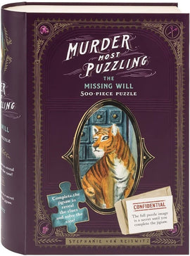 Murder Most Puzzling: The Missing Will is a 500-piece jigsaw puzzle featuring a beautifully illustrated cover with a tiger and intricate designs. The puzzle invites you to complete it to uncover clues and solve a mystery.