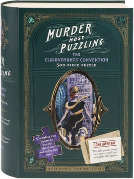 The product 'Murder Most Puzzling: The Clairvoyant's Convention' is a 500-piece jigsaw puzzle by Chronicle Books. The box features a vintage-style design with an illustration of a glamorous woman dressed in black, surrounded by elements suggesting mystery, such as a magnifying glass and a cryptic invitation. The packaging highlights the interactive aspect of the puzzle, indicating that completing it will reveal hidden clues to solve a fictional murder case.