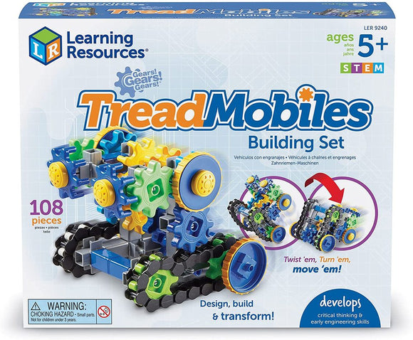 The Gears!Gears!Gears! Treadmobile building set by Learning Resources features colorful plastic gears, tracks, and connectors. The packaging highlights 108 pieces ideal for children aged 5 and up, promoting STEM learning through hands-on construction. The design showcases a completed vehicle model with arrows indicating movement and transformation possibilities, emphasizing creativity and engineering skills development.