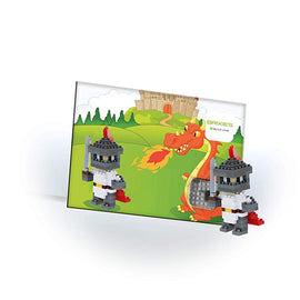 Brixies Postcard Knight kit featuring two colorful knight figures made of building blocks, with a vibrant postcard backdrop showing a dragon and a castle. The knights are poised for adventure, highlighting the creativity and fantasy theme of the DIY kit.
