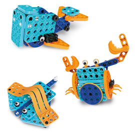 A colorful DIY kit titled Mechanics Junior Sea Animals by Clementoni. The kit includes parts to build various sea creature models such as a fish, a crab, and a sea snake. The vibrant pieces are displayed in different configurations, showcasing their mechanical structures and engaging designs.