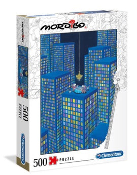 The Dinner Mordillo jigsaw puzzle by Clementoni, featuring a whimsical, colorful design of cartoon characters on top of blue skyscrapers at night. The puzzle box contains 500 pieces and showcases high-quality artwork, ideal for puzzle enthusiasts and family fun.