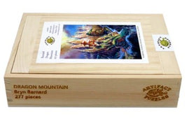 A beautifully crafted wooden puzzle box featuring the title 'Dragon Mountain' by Bryn Barnard. The box showcases a vibrant illustration on the lid and contains 217 intricately cut puzzle pieces, designed by Artifact Wooden Puzzles. The elegant design emphasizes the charm and artistic quality of the puzzle, making it a perfect gift for puzzle enthusiasts.