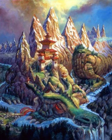 A colorful jigsaw puzzle image depicting Dragon Mountain, featuring dramatic peaks with a traditional Asian pagoda perched on the mountain side. A sinuous dragon figure is entwined among the rocks, with cascading waterfalls and a serene river flowing at the base, enhancing the fantastical landscape.