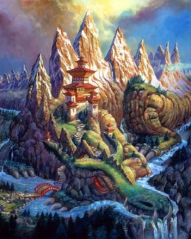 A colorful jigsaw puzzle image depicting Dragon Mountain, featuring dramatic peaks with a traditional Asian pagoda perched on the mountain side. A sinuous dragon figure is entwined among the rocks, with cascading waterfalls and a serene river flowing at the base, enhancing the fantastical landscape.