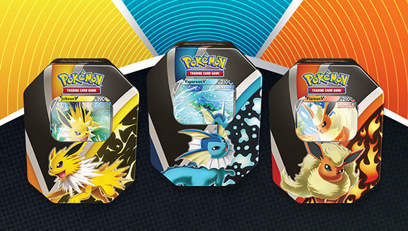 PKM TGC: Eevee Evolution Tin featuring three collectible tins: Jolteon V with electric design, Vaporeon V with water theme, and Flareon V with flames. Each tin includes exclusive trading cards and features vibrant artwork from the Pokémon universe.