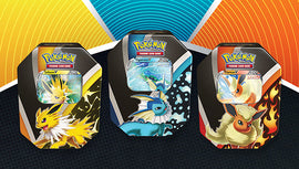 PKM TGC: Eevee Evolution Tin featuring three collectible tins: Jolteon V with electric design, Vaporeon V with water theme, and Flareon V with flames. Each tin includes exclusive trading cards and features vibrant artwork from the Pokémon universe.