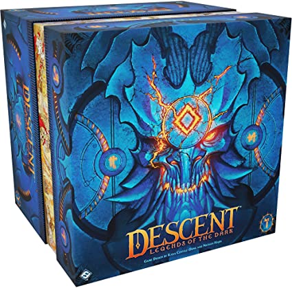 Descent: Legends of the Dark board game box by Fantasy Flight Games. The box features vibrant art with a large blue skull design and mystical symbols, emphasizing an adventurous and dark theme.