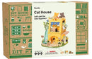 A DIY miniature cat house kit from Robotime, featuring a colorful and detailed design that showcases various rooms and outdoor areas for cats. The packaging highlights the fun and creativity of assembling the cat house.