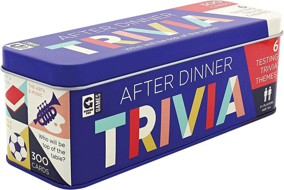 After Dinner Trivia game by Ginger Fox, packaged in a colorful tin featuring bold letters and graphics. The tin contains 300 trivia cards themed around six different categories, designed for 2 or more players ages 14 and up. Perfect for social gatherings and post-dinner fun.