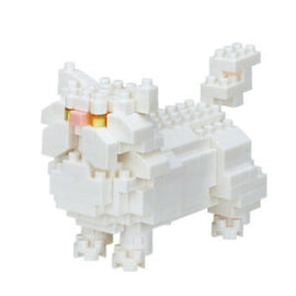 A completed Nanoblock DIY kit featuring a detailed white Persian cat model. The cat is crafted using small, interlocking plastic blocks, showcasing intricate features like its fluffy tail and cute facial expression with yellow eyes and a pink nose. The model exemplifies creativity and precision in building.
