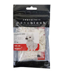 Nanoblock Hokkaido Dog DIY kit featuring 120 micro-sized building blocks. The package displays an assembled dog figure in white, showcasing its intricate design and attention to detail. Ideal for builders and dog lovers alike, this set invites creativity and fine motor skills development.