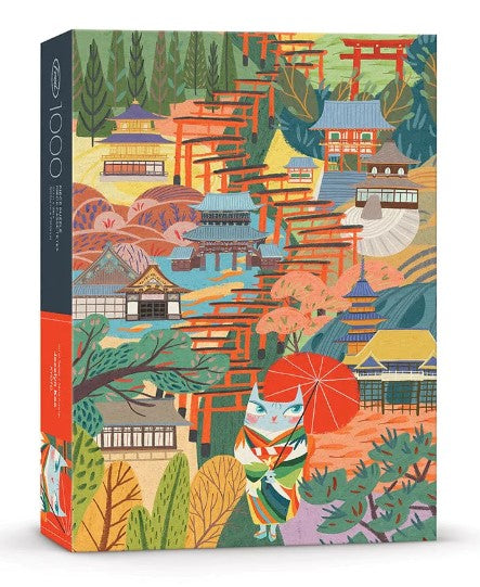 A colorful 1000-piece jigsaw puzzle titled 'Kyoto' by Jocelyn Hao, featuring intricate illustrations of traditional Japanese architecture, vibrant landscapes, and a character holding a red umbrella amidst vivid greenery and cherry blossoms. The box design showcases a blend of cultural elements, ideal for puzzle enthusiasts and art lovers alike.