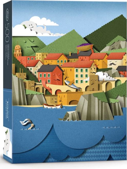 Le Cinque Terre jigsaw puzzle by Bomboland, featuring a vibrant, colorful illustration of coastal buildings, mountains, and water. The beautifully designed 500-piece puzzle showcases charming, paper-cut style scenery of the Italian coastline, inviting puzzle enthusiasts to recreate this picturesque view while enjoying a relaxing activity.