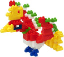 A colorful Nanoblock DIY kit depicting Ho-Oh, a vibrant bird character made of interlocking micro-sized blocks in red, yellow, green, and blue colors. The model showcases intricate details like its wings and beak, ideal for creative building and display.