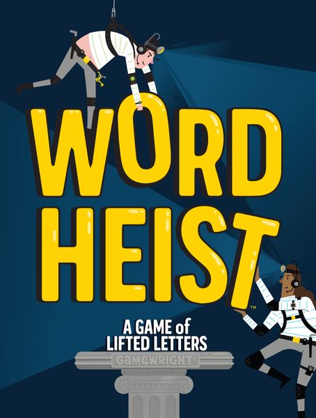 Word Heist board game by Gamewright featuring whimsical cover art that showcases two cartoon characters in action, one hanging from a rope and another holding a letter. The title 'WORD HEIST' prominently displayed in bold yellow letters on a dark background, with the tagline 'A Game of Lifted Letters' below.