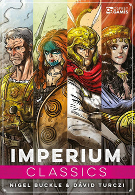 Cover art for the game 'Imperium: Classics' by Osprey Games, featuring four distinct characters displayed in a colorful, comic book style. Each character represents different historical themes, showcasing vivid details and dramatic expressions, with the game title prominently displayed in bold lettering at the bottom.