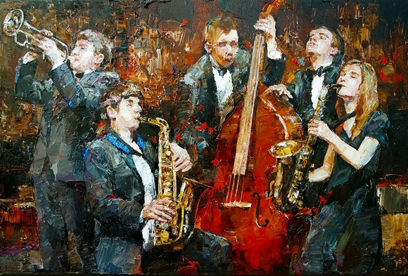 A vibrant jigsaw puzzle featuring a jazz band with five musicians. The players include a trumpet, saxophone, bass, and more, all depicted in a lively, colorful style that captures the spirit of a jazz performance.