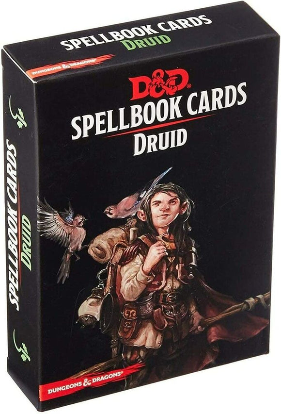 A close-up view of the D&D Spellbook Cards Druid deck by Gale Force Nine. The box features vibrant artwork of a young druid character surrounded by birds and nature elements. The box is designed for tabletop gaming to enhance the Dungeons & Dragons experience.