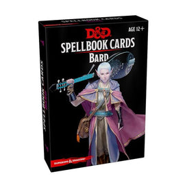 D&D Spellbook Cards Bard Deck by Gale Force Nine. The packaging features a fantasy character in a magical robe with a lute and spellbook, ideal for enhancing tabletop gameplay. Suitable for ages 12 and up.