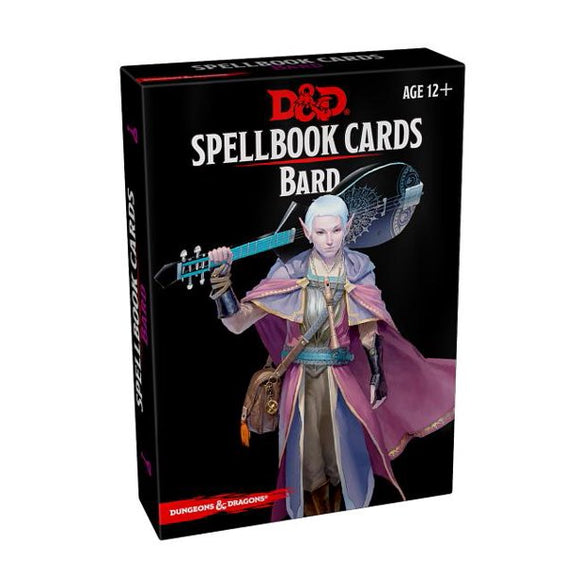 D&D Spellbook Cards Bard Deck by Gale Force Nine. The packaging features a fantasy character in a magical robe with a lute and spellbook, ideal for enhancing tabletop gameplay. Suitable for ages 12 and up.