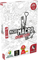 The game box for MicroMacro: Crime City by Pegasus Spiele. The cover features whimsical illustrations of a bustling city scene with various characters, including a rabbit holding a balloon. It displays text highlighting its awards, age recommendation, and gameplay duration, inviting players to solve a mystery.