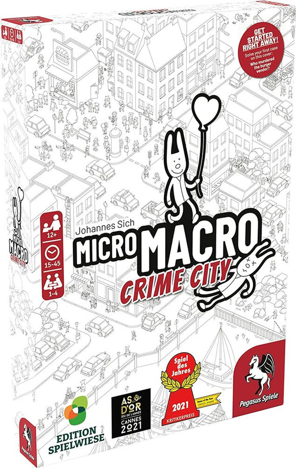 The game box for MicroMacro: Crime City by Pegasus Spiele. The cover features whimsical illustrations of a bustling city scene with various characters, including a rabbit holding a balloon. It displays text highlighting its awards, age recommendation, and gameplay duration, inviting players to solve a mystery.