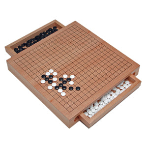 A wooden game board with a grid design, featuring compartments for storing black and white game pieces. The board is neatly arranged with some pieces placed on it, showcasing an attractive wooden finish. This game promotes strategy and planning, making it perfect for family game nights or friendly competitions.