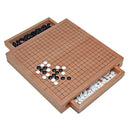 A wooden game board with a grid design, featuring compartments for storing black and white game pieces. The board is neatly arranged with some pieces placed on it, showcasing an attractive wooden finish. This game promotes strategy and planning, making it perfect for family game nights or friendly competitions.
