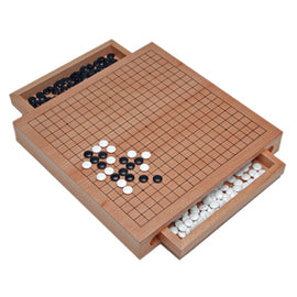 A wooden game board with a grid design, featuring compartments for storing black and white game pieces. The board is neatly arranged with some pieces placed on it, showcasing an attractive wooden finish. This game promotes strategy and planning, making it perfect for family game nights or friendly competitions.