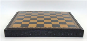 A 19-inch wooden chessboard with alternating brown and black squares, featuring intricate detailing on the edges. The board is set on a flat surface, perfect for strategic gameplay.