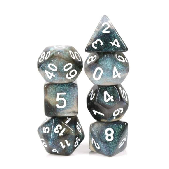A beautifully crafted set of RPG dice from the Everclear Aurora series by Foam Brain Games. The set features a variety of polyhedral dice including d4, d6, d8, d10, d12, and d20, all in a mesmerizing black and teal color scheme with sparkle accents. Each die is designed with clear white numbers set against the dark backdrop, providing excellent visibility for gameplay. Ideal for tabletop gamers and RPG enthusiasts.