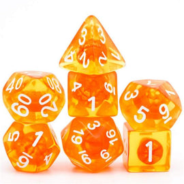A vibrant set of orange and tangerine RPG dice featuring various shapes including a tetrahedron, dodecahedron, and cube, with clear white numbers. The dice are stacked in an appealing arrangement, showcasing their unique and colorful design, perfect for tabletop games and role-playing adventures.