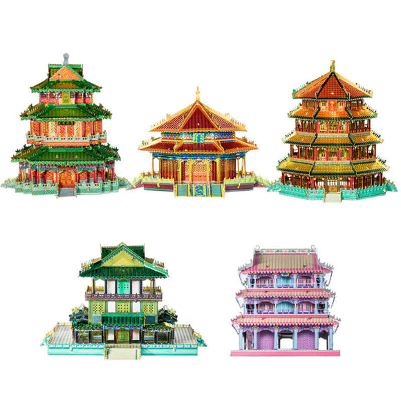 Five intricately designed model pagodas in vibrant colors. The set includes various architectural styles, showcasing detailed features and traditional design elements, perfect for DIY enthusiasts and model builders.